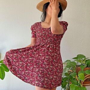 vtge puff sleeve petite floral mini‎ dress red casual market dress small medium